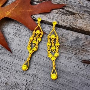 Yellow Painted Metal Chandelier Post Earrings with Yellow Rhinestones